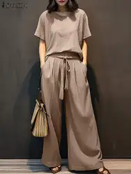 ZANZEA Solid Color Pant Sets Casual Women 2024 Summer Belted Wide Leg Trouser 2pcs Outfits Short Sleeve T-Shirts Tracksuit