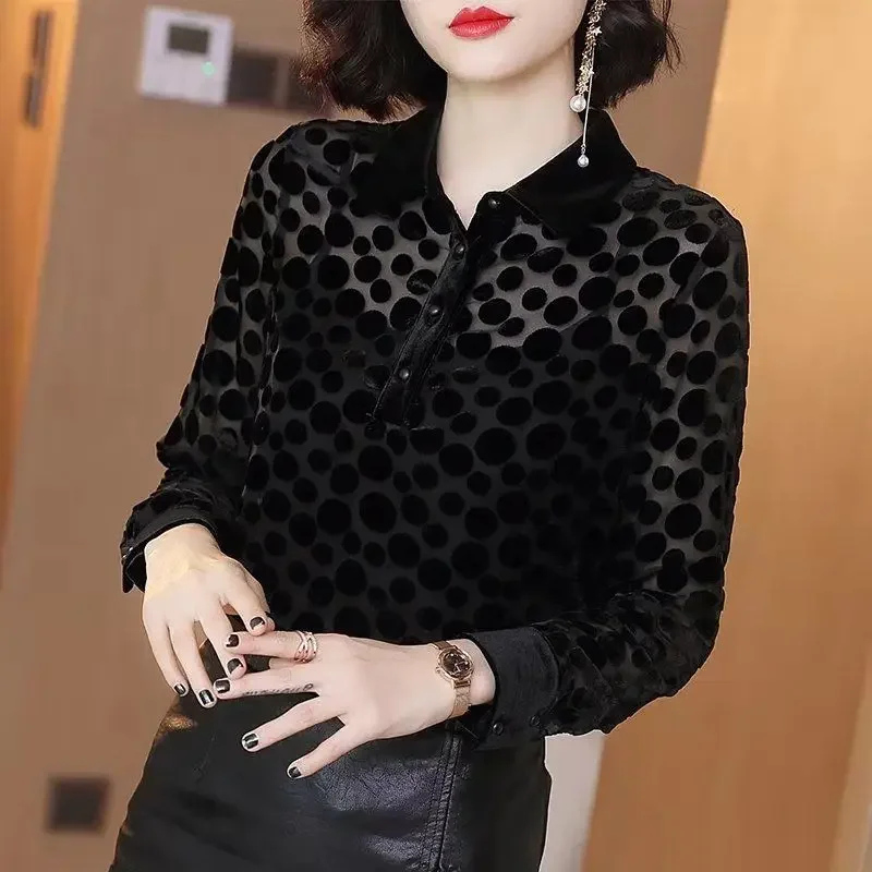 

Black Polka Dot Temperament Elegant Shirt for Women Spring Autumn 2024 New Mesh Western-style Casual Trendy Female Bottom Top