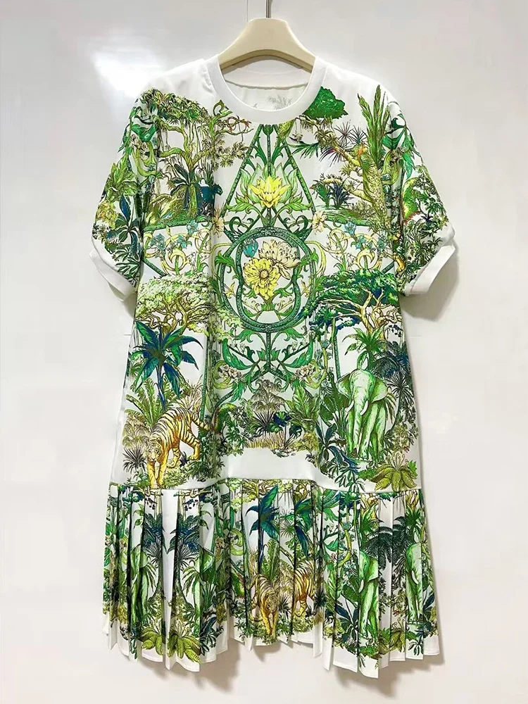 Ontworpen retro geometrisch bedrukte T-shirtjurk met ronde hals, zomerjurk voor dames, modieuze geplooide losse gezwollen rok