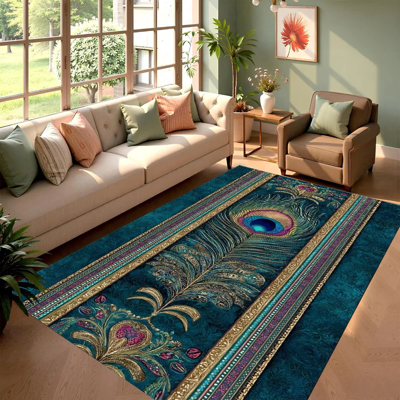 Peacock Feather Pattern Carpet Mat Rug Home Decoration Vintage Luxury Gemstone Blue Green Color Floor Decor Living Room