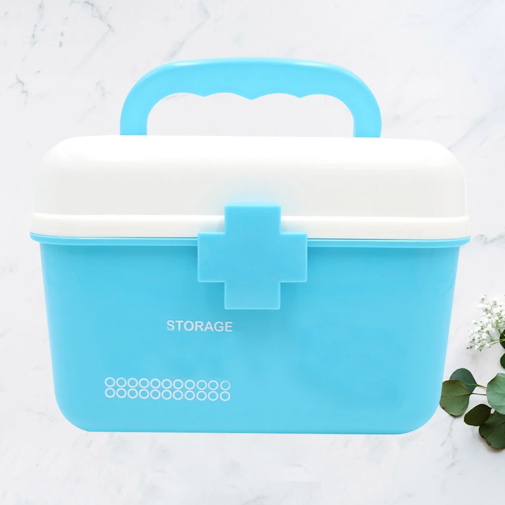 صندوق دواء محمول بطبقة مزدوجة أخضر 21 × 16.5 × 15 سم من البلاستيك المتين منظم تخزين الإسعافات الأولية للاستخدام المنزلي في الهواء الطلق