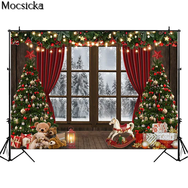 Christmas Backdrops For Photography Brown Wooden Window Trojan Horse Winter Xmas Trees Background Family Portrait Photo Studio