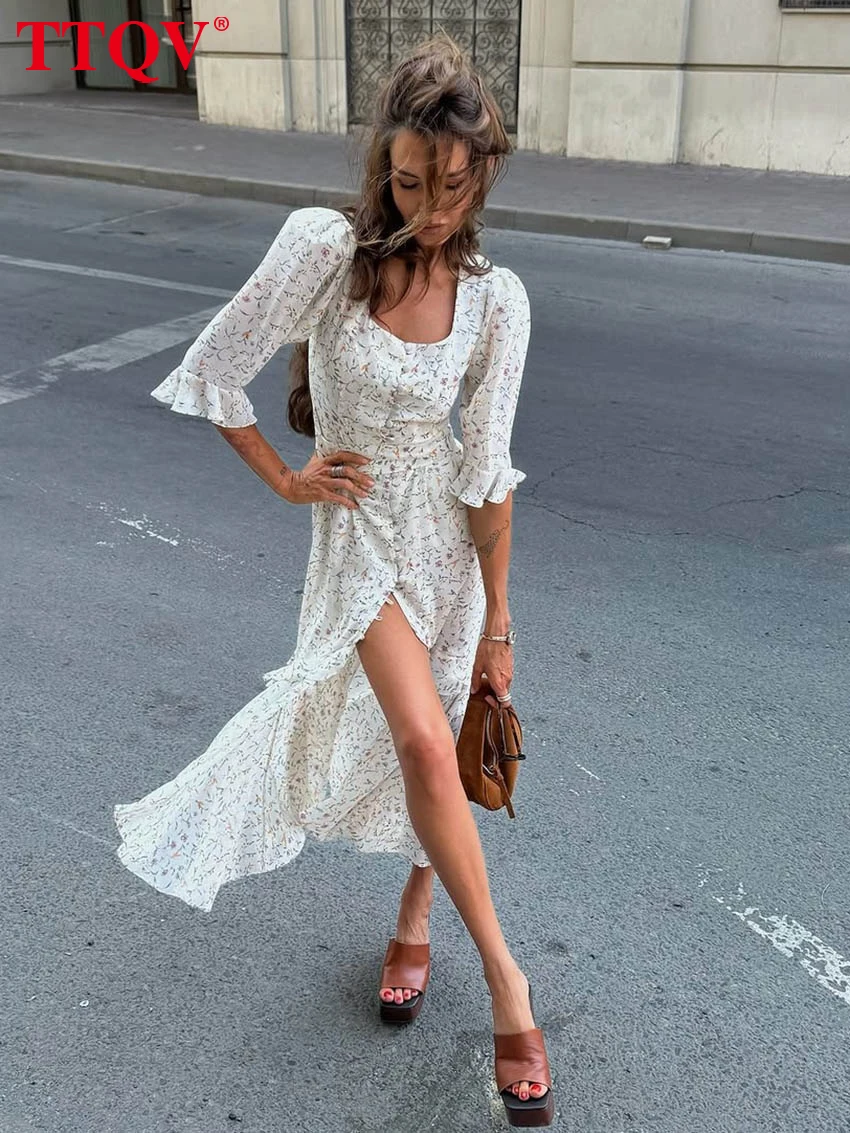 

Летнее свободное женское платье TTQV с принтом, модное, с квадратным вырезом, коротким рукавом, миди, элегантное, классическое, с разрезом, 2026