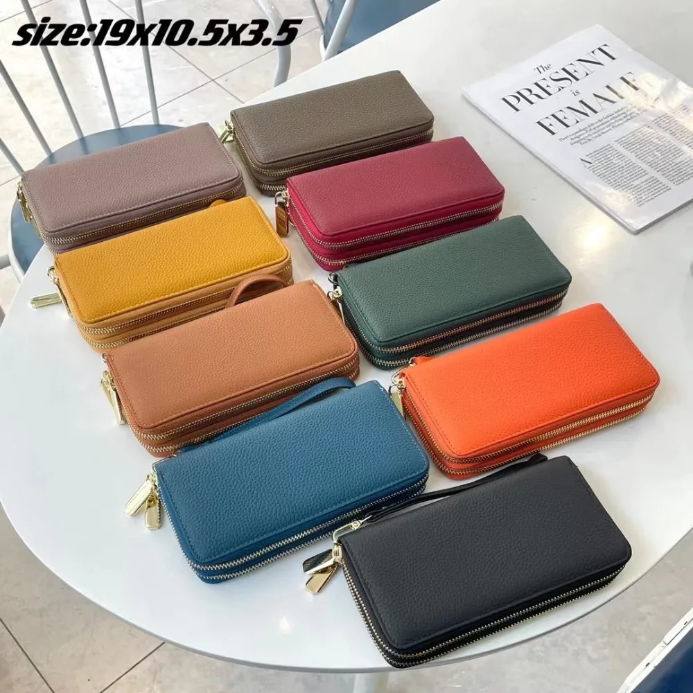 Cowhide Wallet Women's New Double-layer Zipper Long Wallet Casual Large-capacity Multi-functional Versatile Simple Fashion High