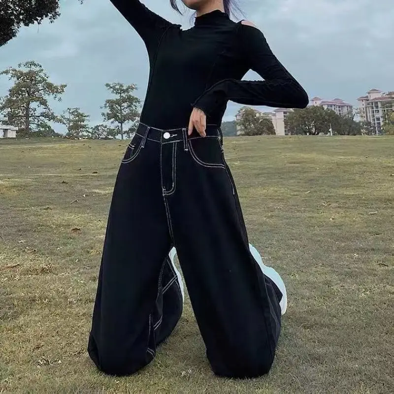 Plus Velvet Jeans Women Black Wide Leg Korean Style College Stylish High Waist All-match Vintage Students Leisure Baggy Harajuku