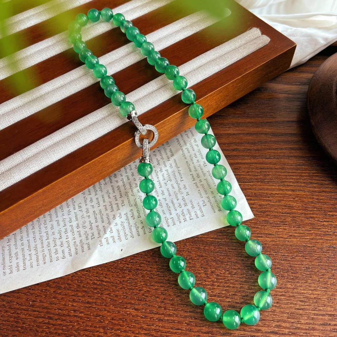 

8mm super hydrated natural chalcedony necklace, knotted round bead necklace women's new Chinese retro fashion