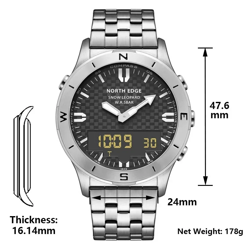 NORTH EDGE  Men's Digital Sport Watch For Men Steel Band Waterproof 50M Altimeter Barometer Compass Military Wristwatch