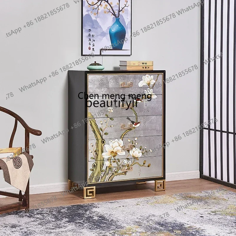 k182xz1New Chinese Hand-Painted Light Luxury Multi-Drawer Decorative Locker Doorway Hallway Solid Wood Silver Foil Paint