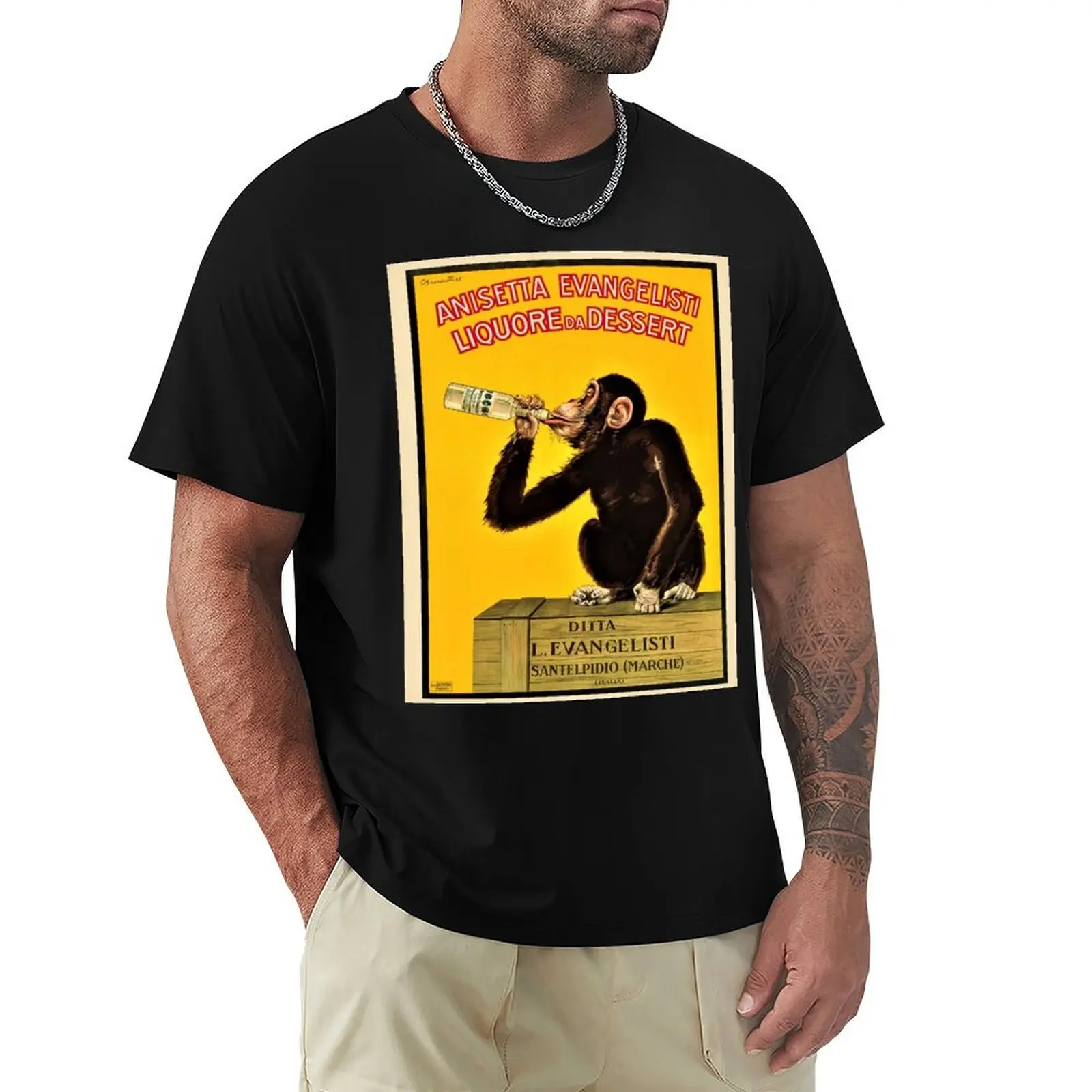 

Vintage Anisetta Evangelisti Liquor Monkey Drinking Poster by Carlo Biscaretti T-Shirt vintage t shirts shirts men graphic