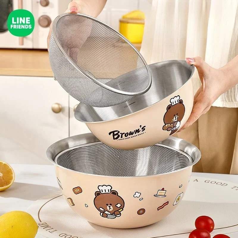 Line Friends Brown Stainless Steel Basin Cartoon Thickened Food Grade Basin Home Kitchen Multi Functional Cooking Mixing Bowl