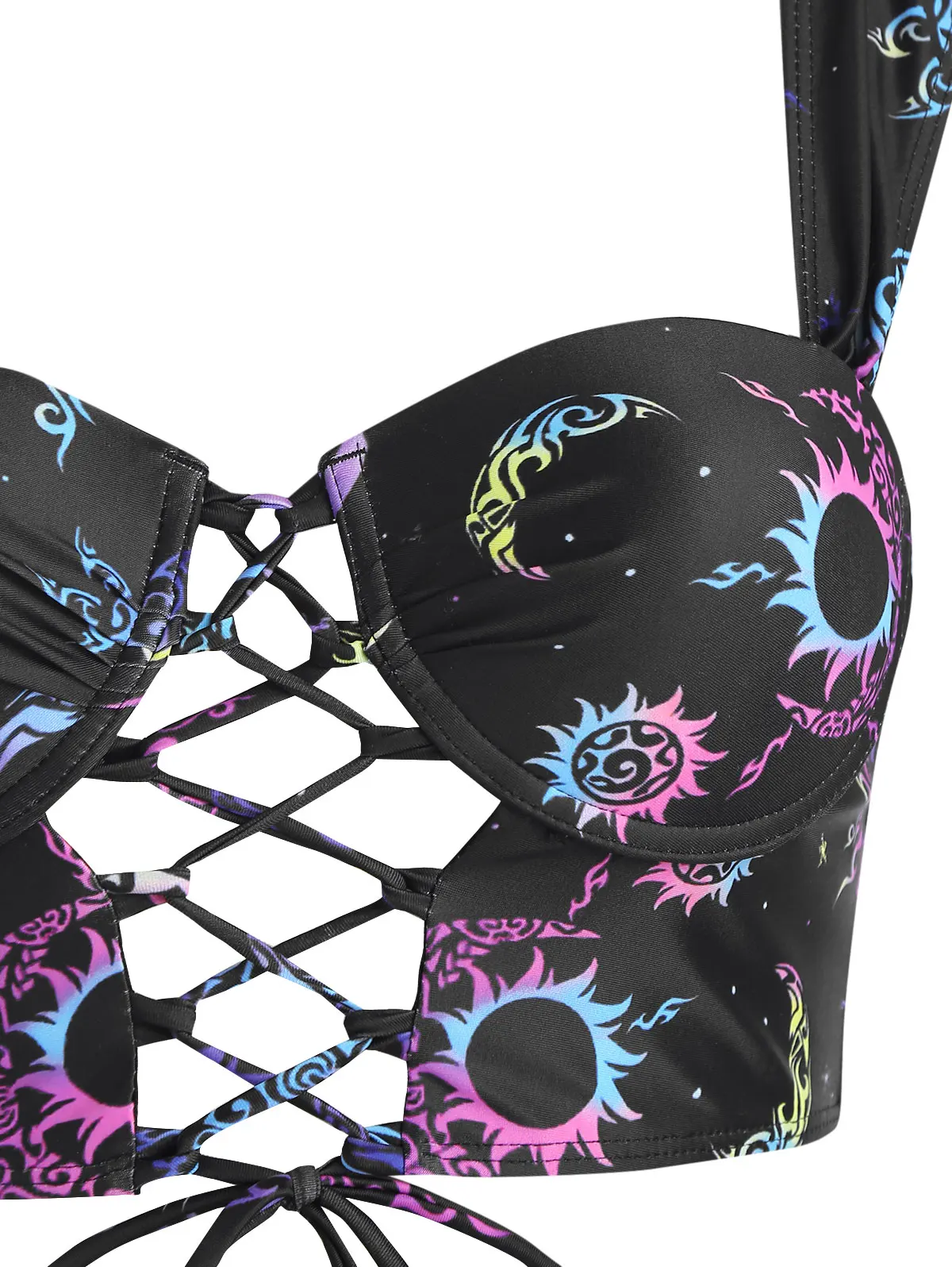 Dressfo Maillot de bain tankini vintage pour femme imprimé soleil lune à lacets découpé froncé taille haute bas push up à armatures maillots de bain