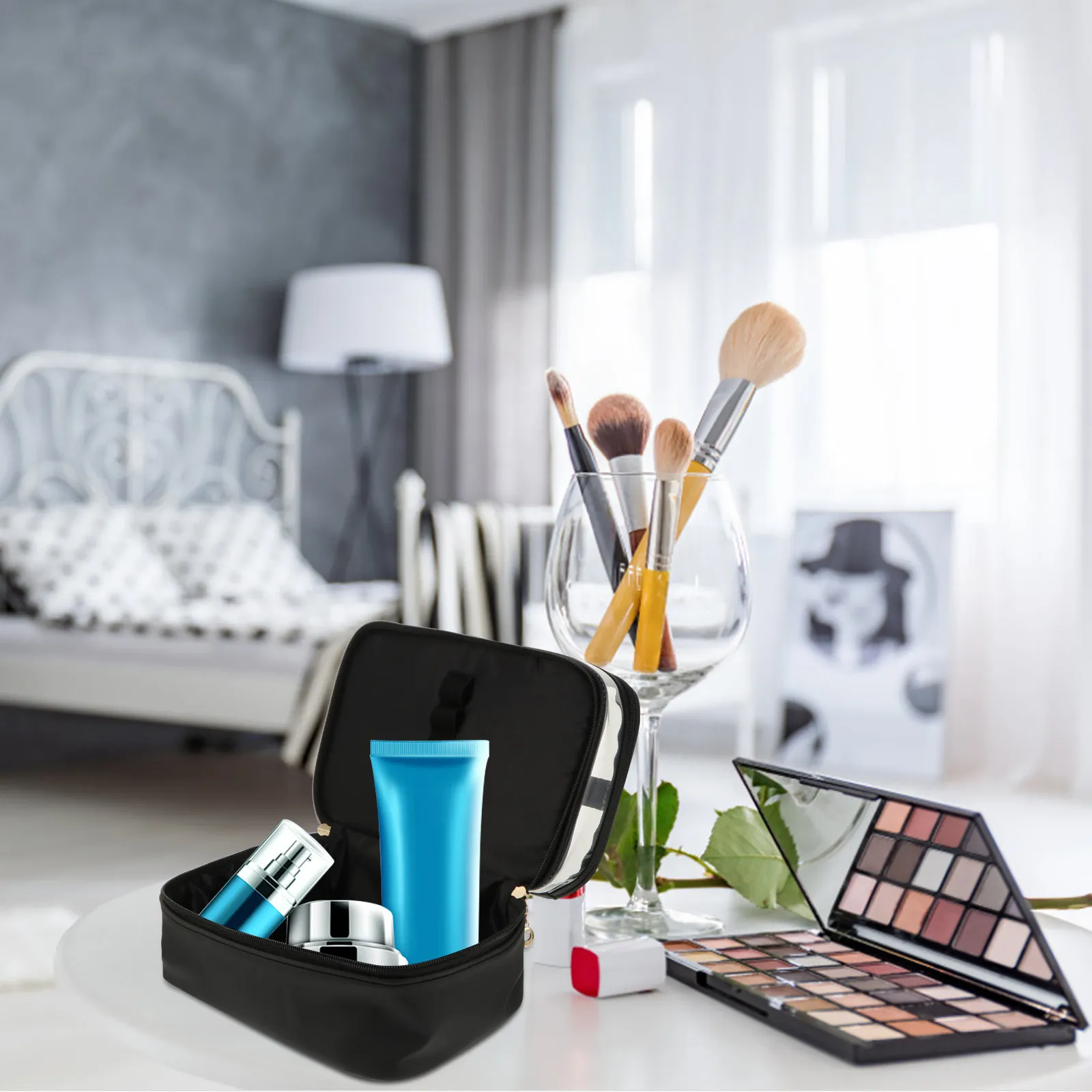 1Pcs Makeup Bag Double-Layer PU Plastic Waterproof Travel Organizer Toiletries Storage Case for Girls Ladies