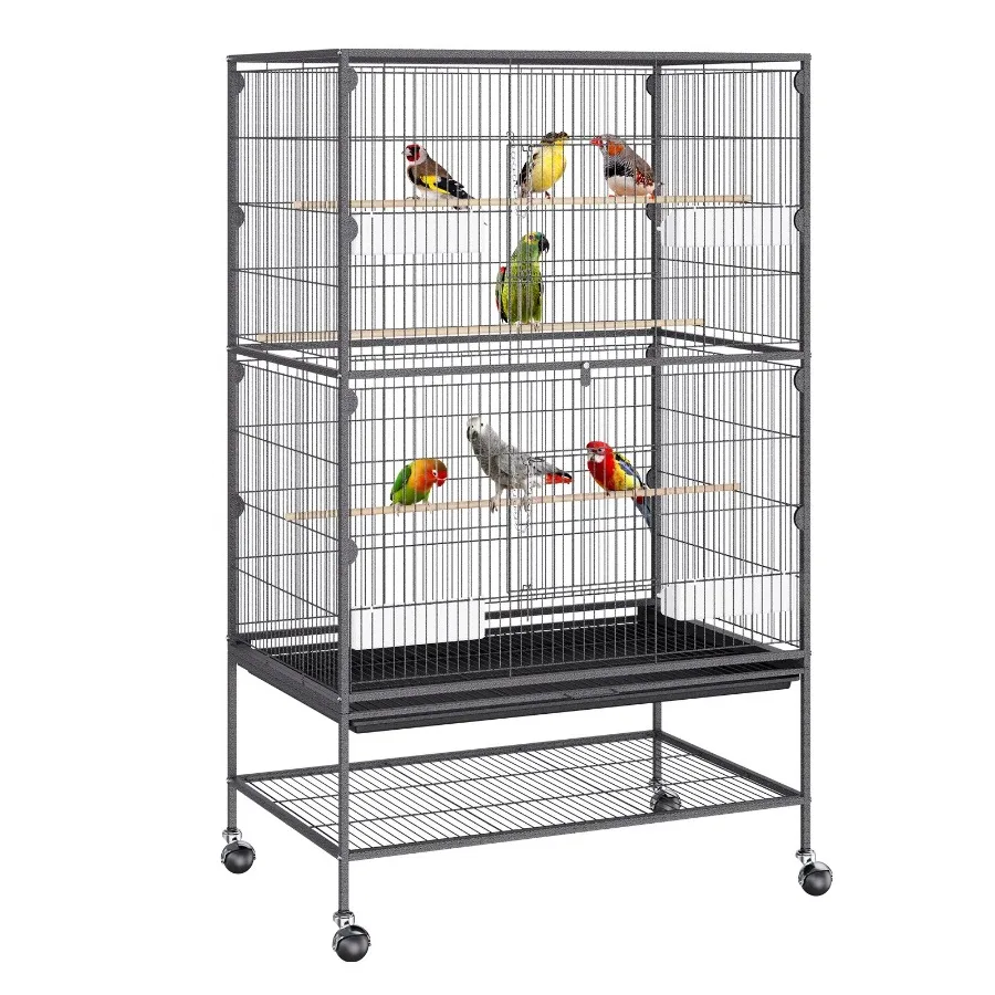 

52 inch Standing Large Bird Cage Wrought Iron Flight Cage for Parakeets Cockatiels Parrots Macaw with Rolling Stand and Tray