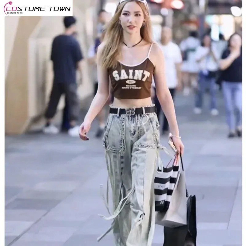 

Summer 2024 New Korean Edition Small Fragrant Style Sleeveless Tank Top High Waist Wide Leg Jeans Two Piece Set for Women