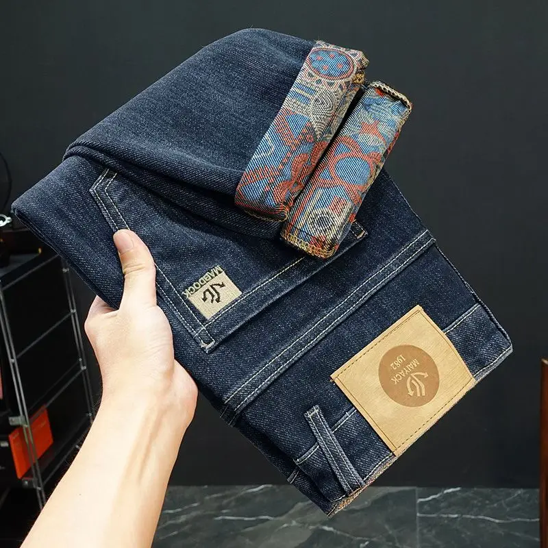 ใหม่เย็บปักถักร้อยแฟชั่นกางเกงยีนส์ตรงผู้ชายยืดสีดำสีฟ้า SLIM FIT กางเกงสบายธุรกิจกางเกงยีนส์ผู้ชายเสื้อผ้า