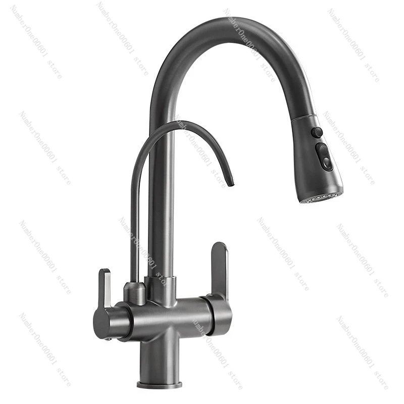 Commercial Kitchen Faucet with Dual Function Pull Down Sprayer, 3 in 1 Water Filter Purifier Faucet, Mixing Faucet with Hoses