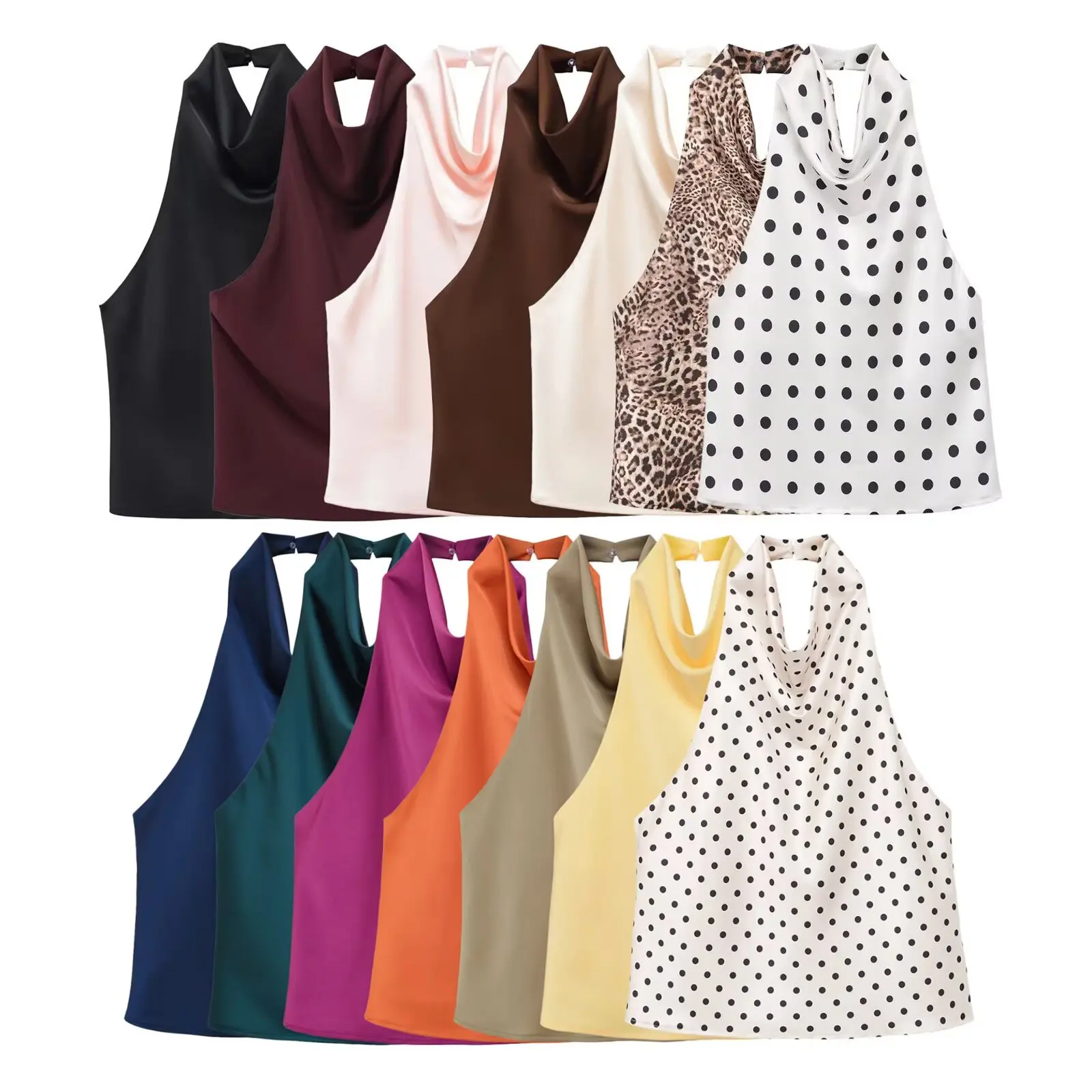 Willshela Women Fashion Satin Pleated Backless Tank Tops Vintage Halter Neck Sleeveless Female Chic Lady Tops