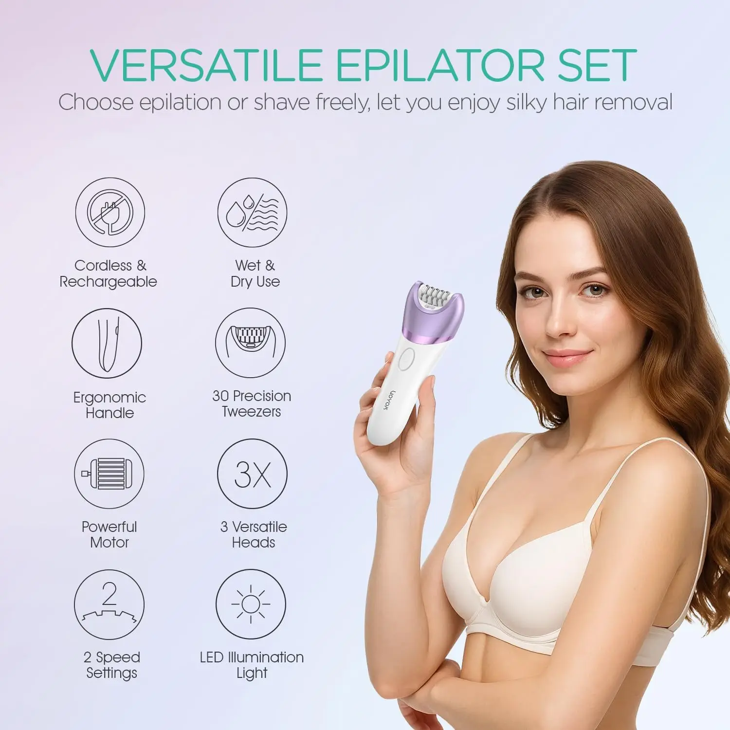 Cordless Epilator for Women, 3-in-1 Rechargeable Hair Removal Device with 30 Tweezers, Wet & Dry Use, Purple BM300