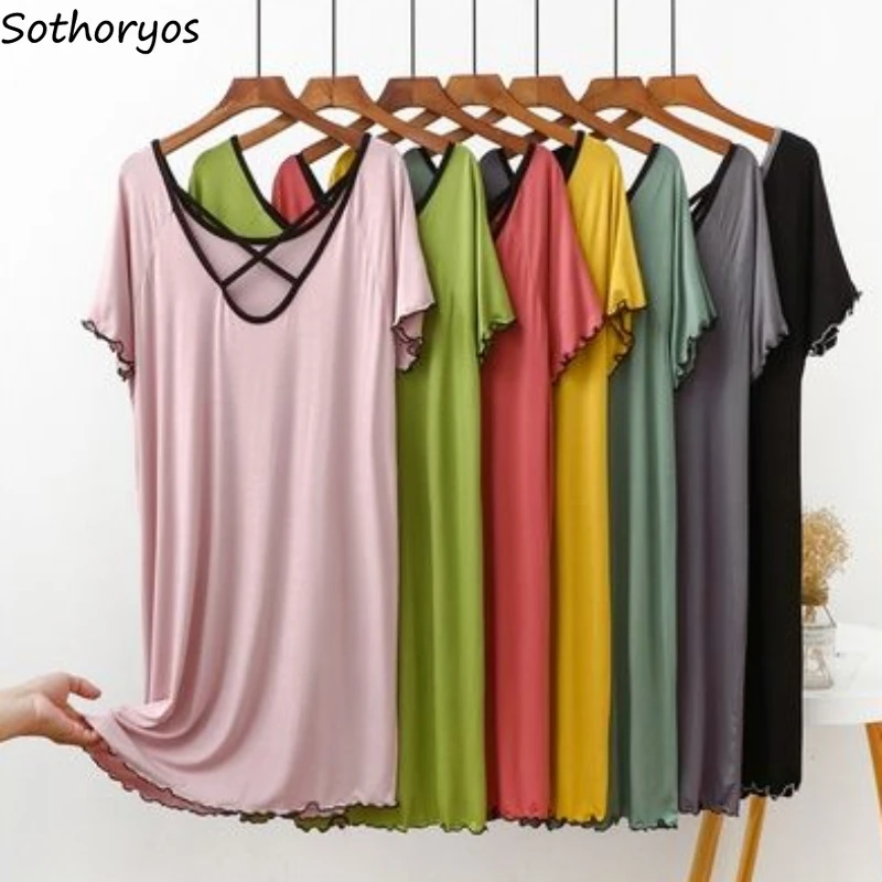 Short-sleeved Nightgowns Women Mid-length Multi-colors Casual Criss-cross Backless Fungus Nightwear Sweet Sexy Girls Chic Cozy