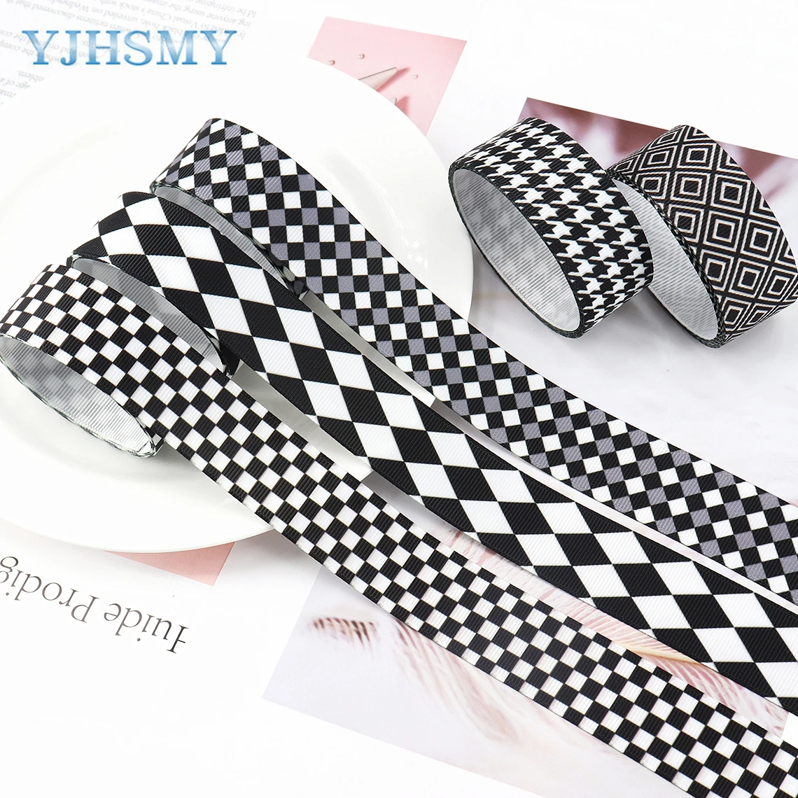 1 Inch Plaid Grosgrain Ribbons Black and White Diamond Check Ribbon, 5 Yards for DIY Craft Wrapping Bow Home Party Decor