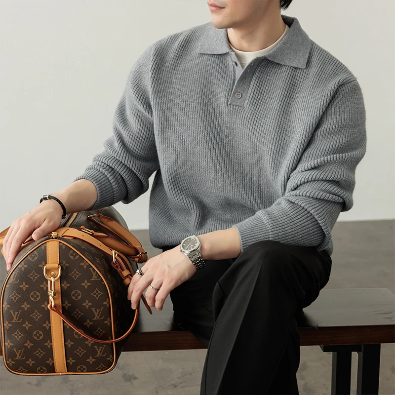 Nueva moda Jersey con cuello tipo Polo para hombre, versión holgada a la moda, ropa de punto, Polos de manga larga, suéter con cuello vuelto, prendas de punto M-5XL