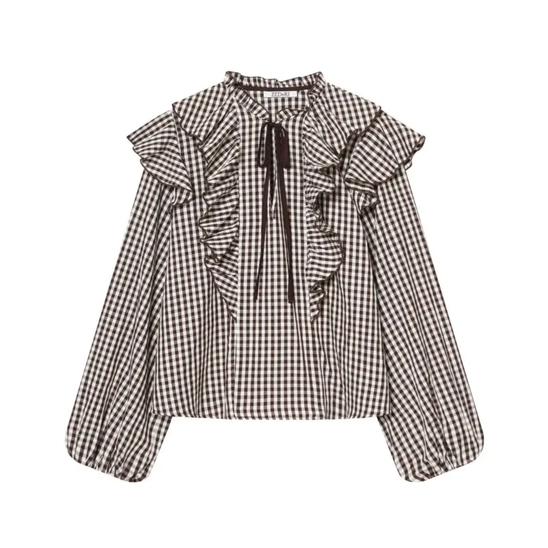 Women Ruffled Gingham Shirt with Ties Spring Summer O Neck Long Sleeve Women's Shirt & Blouses FemaleRuffle Trims Tops