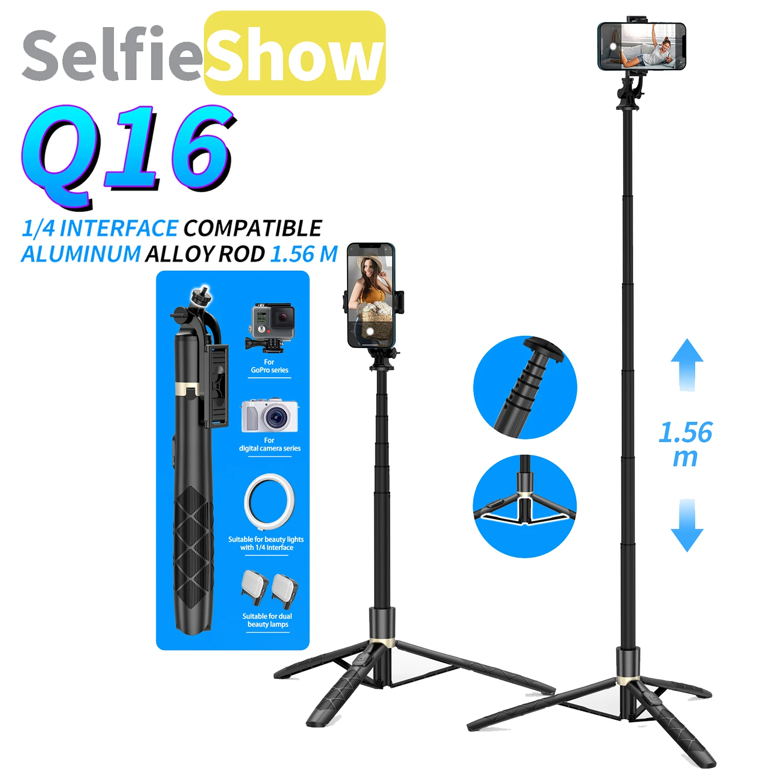 

Selfieshow Q16 Reinforced Aluminum Alloy Live Bluetooth Tripod Selfie Stick Foldable Phone Stand Stabilizer Tripe for Cell Phone