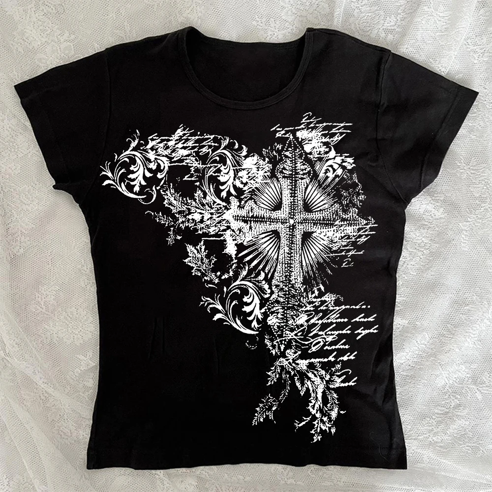 Streetwear aesthetic retro gothic short sleeved Emo girl 2000s top Y2k style clothing pattern T-shirt printed baby T-shirt slim