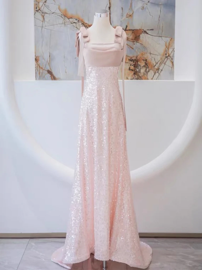 Elegant Shiny Pink Celebrity Dresses Bow Spaghetti Strap Sequined Satin A Line Square Collar Evening Party Prom Gown Robe 2023