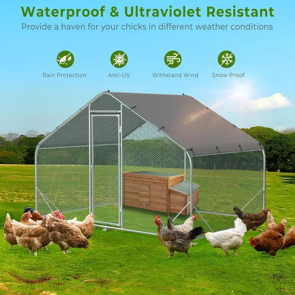 Metal Chicken Coop 10x6FT with Hen House & Feeder Waterer Set, Walk-in Poultry Cage Chicken Runs with Roof Cover for Yard