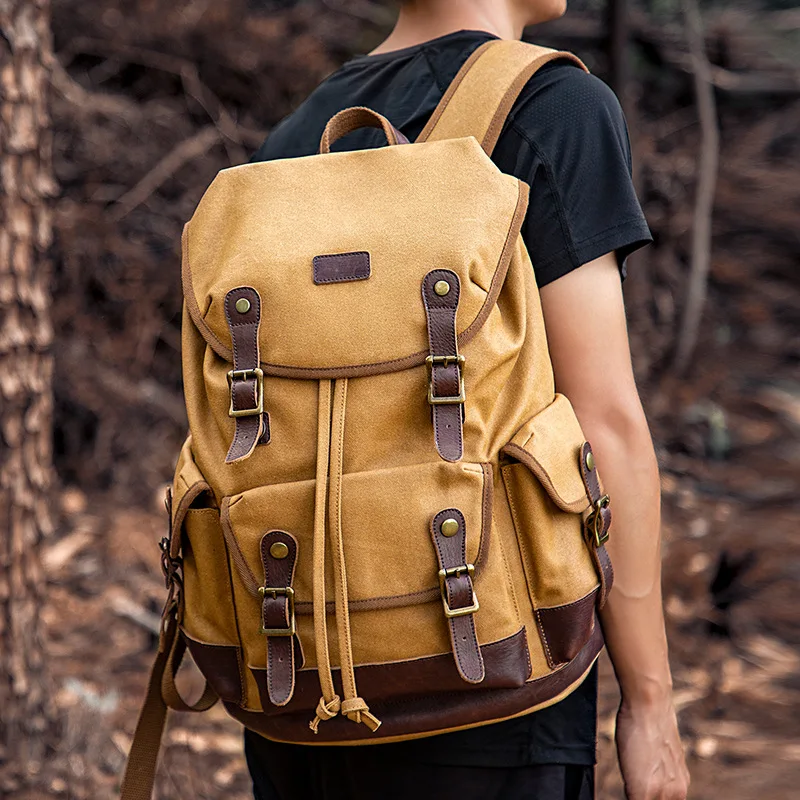 Casual Canvas Backpack Men\'s Backpack Vintage Top Layer Cowhide Outdoor Travel Waterproof Backpack