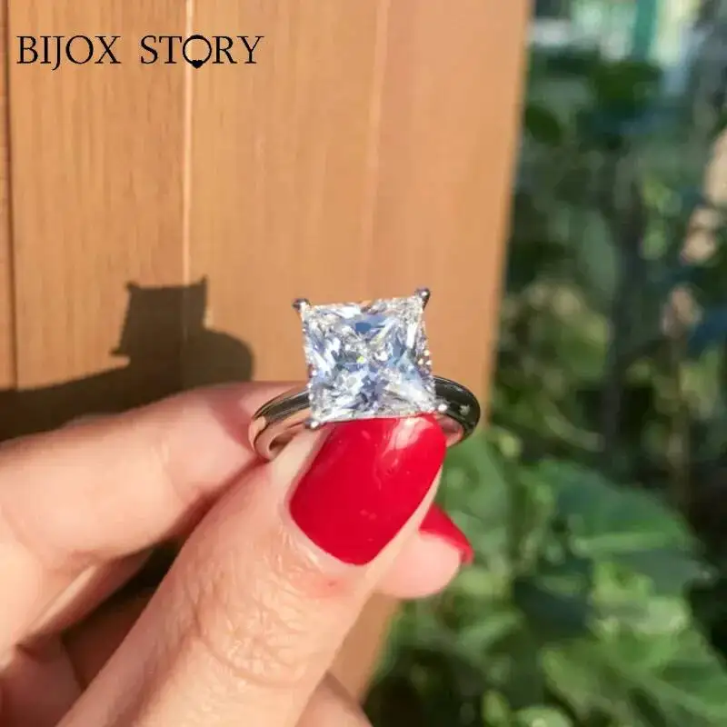 BIJOX STORY 1ct 2ct 3ct Princess Cut Moissanite Ring For Women S925 Sterling Silver Simple Design Luxury Jewelry Wedding Bands