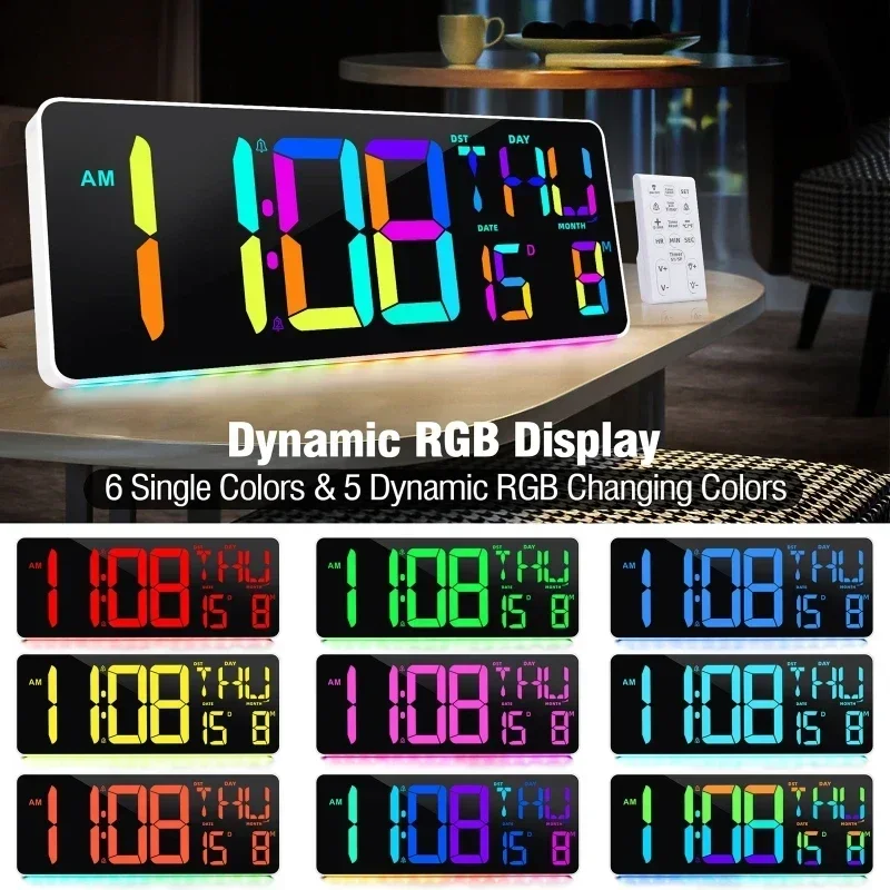 

RGB Changing Color Wall Clock Large Display Date Week Temperature Atmosphere Light Electronic Remote Control Digital Clock