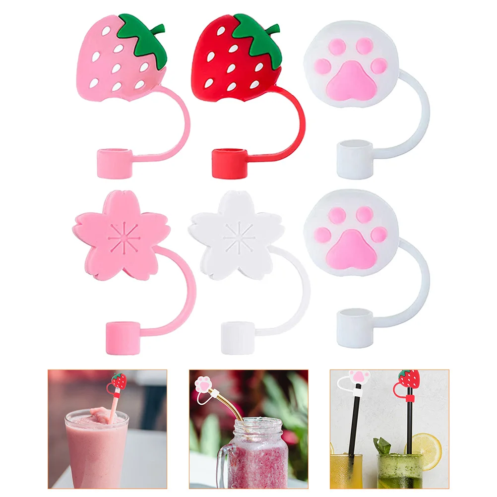 

6 Pcs Straw Tip Covers Cute Silicone Reusable Drinking Accessories Pink