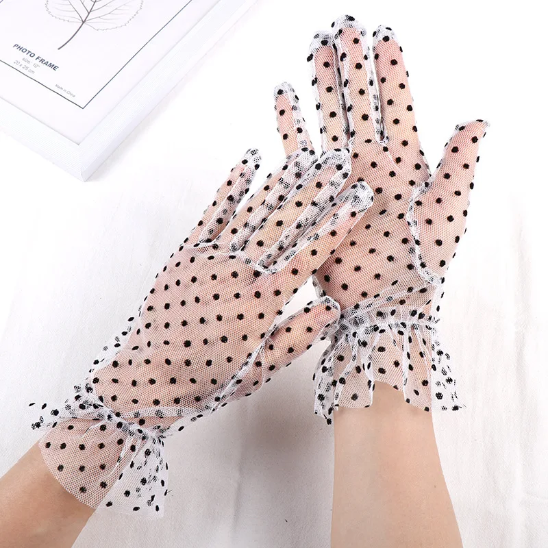 Women Summer Sexy Lace Hollow Transparent Dot Sunscreen Breathable Drive Gloves Etiquette Dinner Dance Cosplay