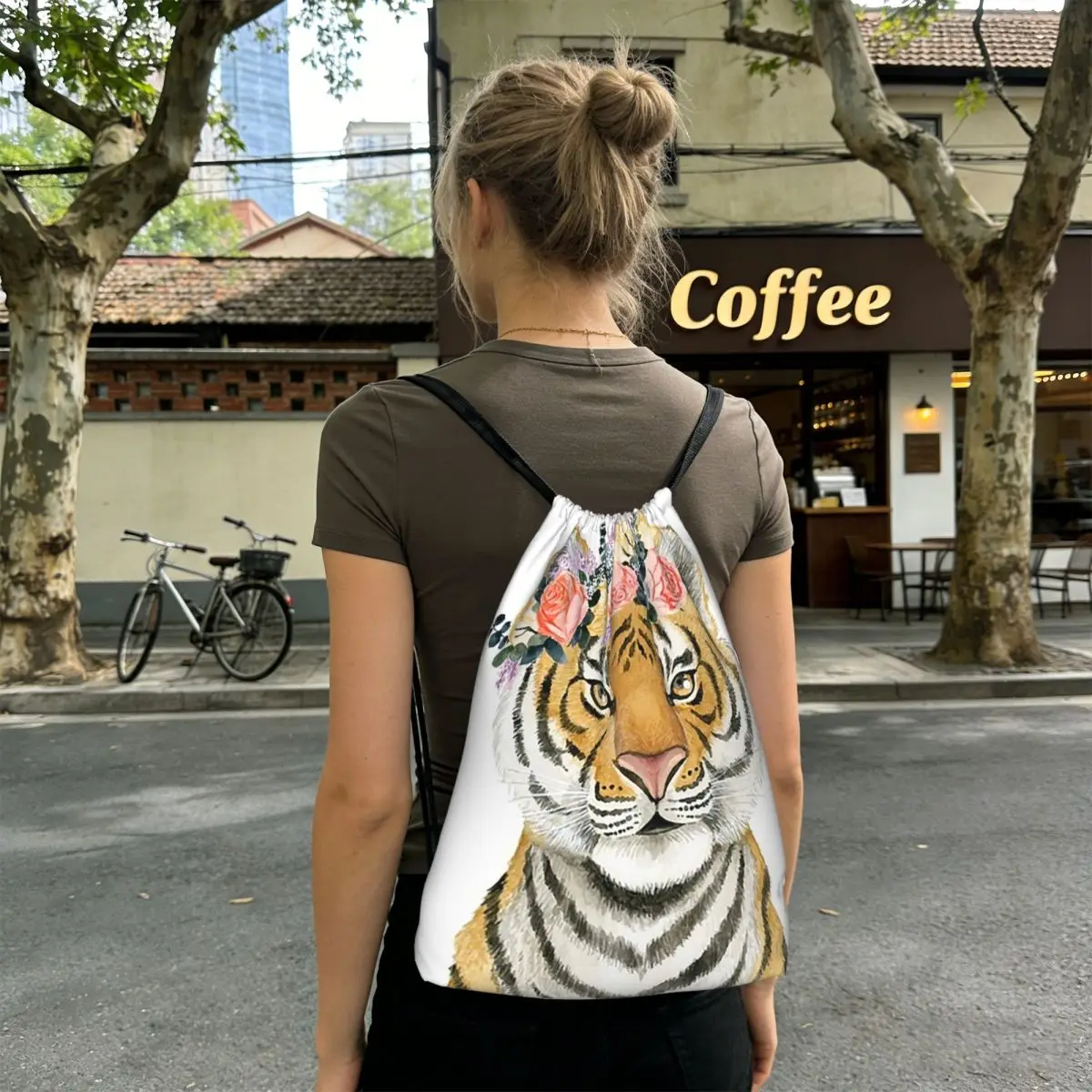 Tiger With Floral Wreath Backpacks Fashion Drawstring Bags Storage Bag Book Bags for Travel Students