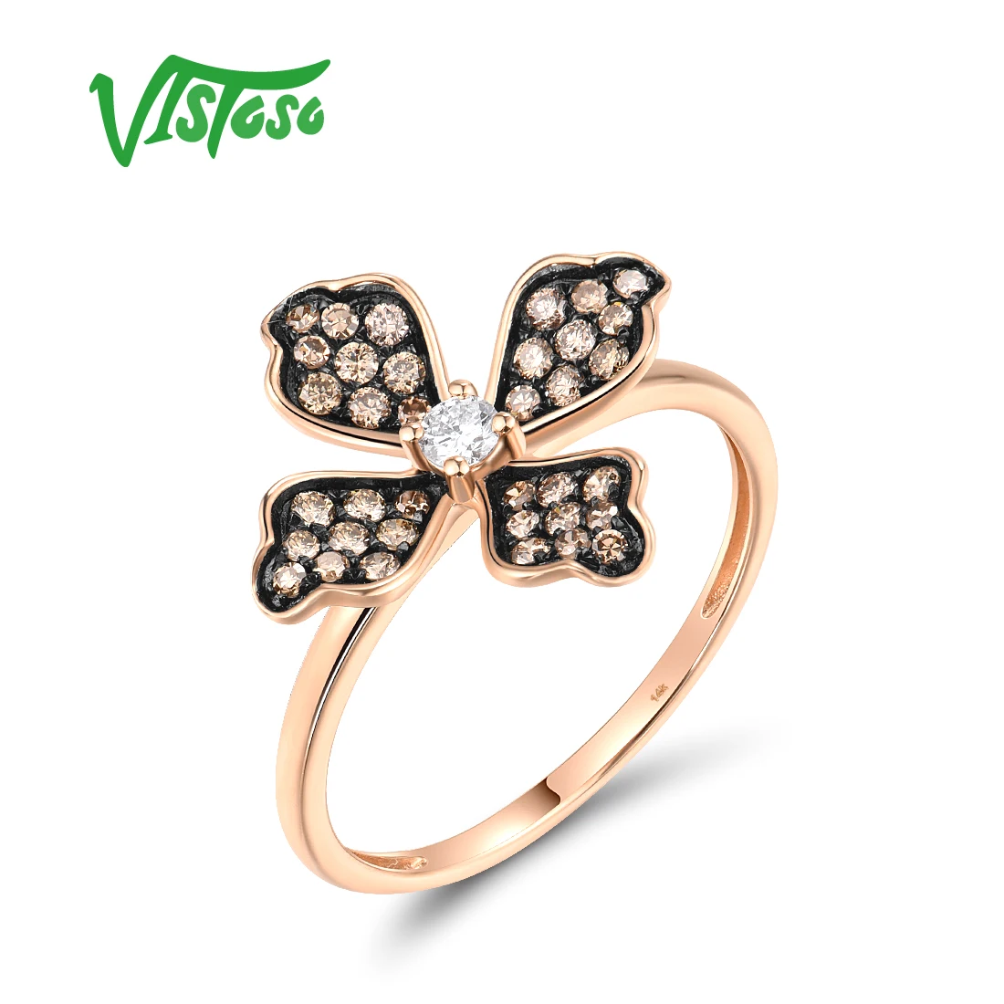 

VISTOSO Genuine 14K 585 Rose Gold Rings For Women Sparkling Diamond Brown Diamonds Flower Rings Delicate Trendy Fine Jewelry