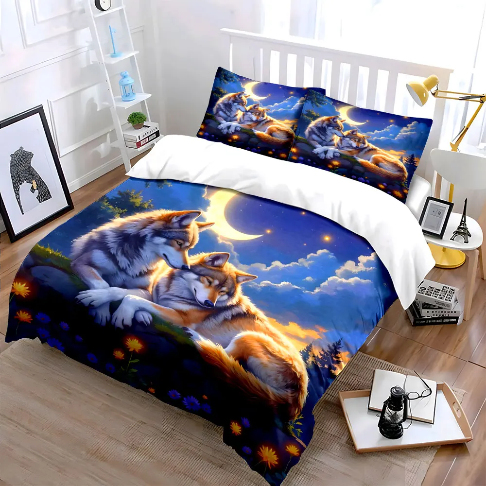 Loving wolves under moonlight Bedding Set for Kids Luxury Gift 3pcs Digital Print Comforter Set Soft Comfortable Breathable