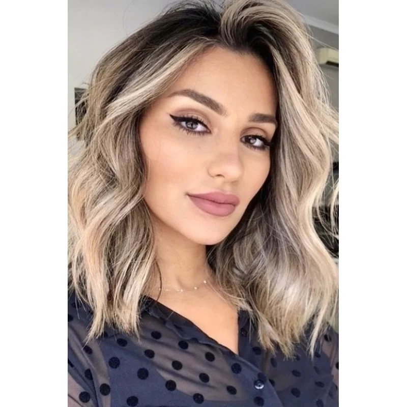 Short Bob Wave Ombre Ash Blonde Wigs Curly  Hair Lace Front Wigs Glueless