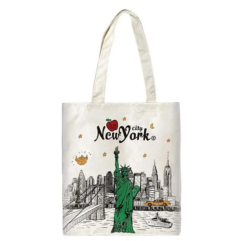 New York Souvenir Women Tote Bag Large Capacity Shoulder Bags No Zipper Eco Lady Shopping Shopper Handbag Canvas Girls Handbags