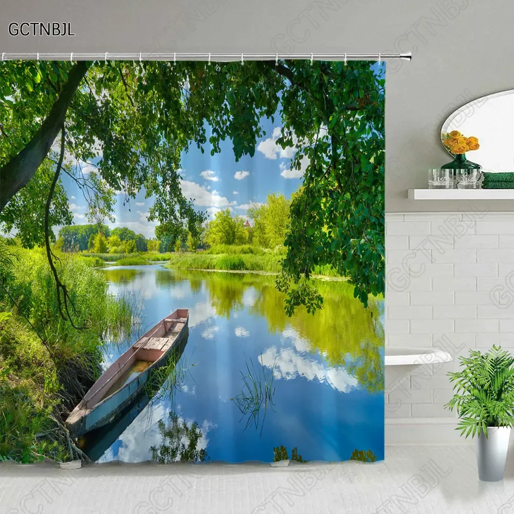 Forest Landscape Shower Curtains Tree Waterfall Mount Fuji Scenery Polyester Cloth Bathroom Curtain Set Bathtub Decor With Hooks