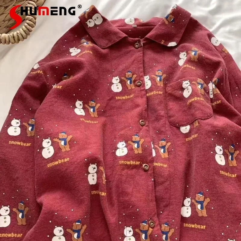 

Милые длинные брюки, пижамы для женщин, комплект домашней одежды из хлопка с начесом, женские костюмы для сна с длинными рукавами и лацканами в японском стиле