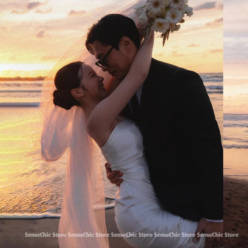 Vestidos de novia de lujo 2025, vestido de novia de sirena elegante sin mangas sencillo de Corea para mujer, impresionante vestido de recepción personalizado