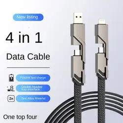 Kabel do szybkiego ładowania 4 w 1 60 W Kabel do transmisji synchronizacji danych Płaski, pleciony, zapobiegający splątaniu kabel do ładowarki PD do IOS Lightning typu C