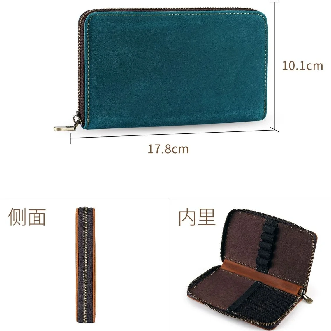 Vintage Zippered Pen Pouch Genuine Leather Multifunctional Business Pen Storage Wallets for Pencil Cards Tickets Receipt