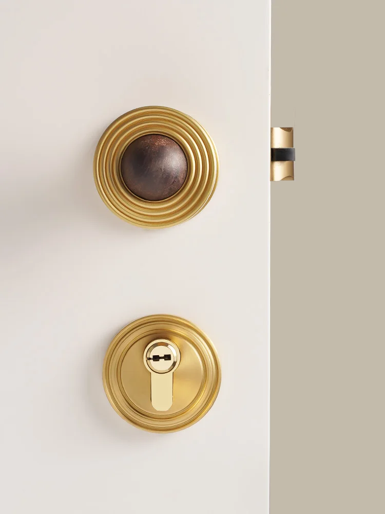 Dooroom Solid Brass Round Walnut Vintage Interior  Silent Magnetic Lock Set for Bedroom Bathroom Double Door Lever Dummy Privacy
