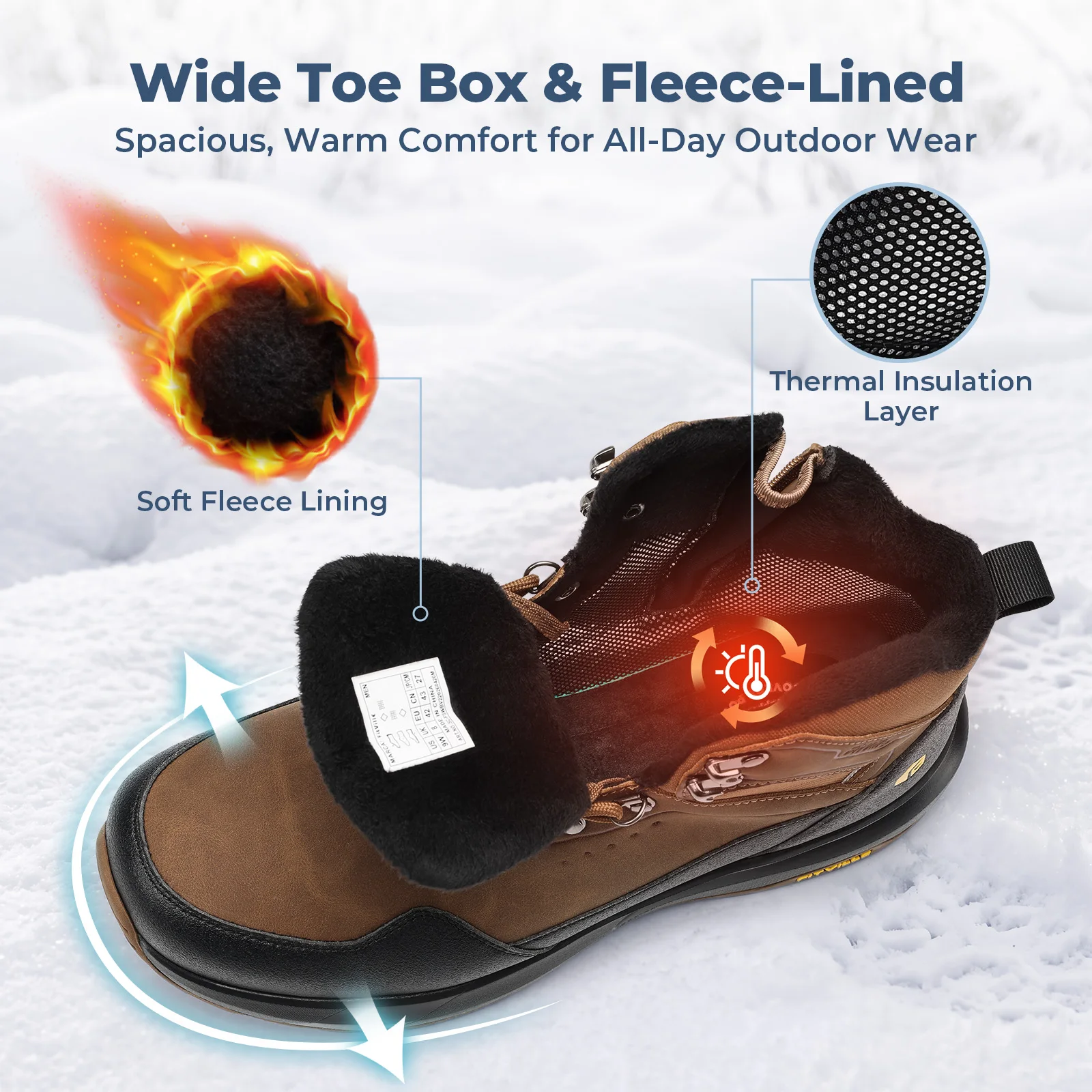 FitVille Men's Hiking Boots Extra‑Wide Toe Box Winter Boot Warm Fleece Lined Water-repellent Non‑Slip Outdoor Trekking Shoes