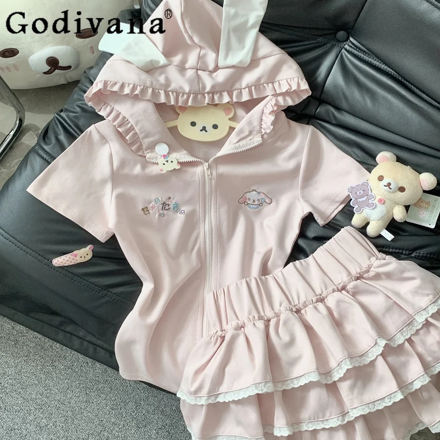 

Original Japanese Soft Girls Cute Rabbit Ear Hooded Short-sleeved Top Skirt 2-piece Set Daughter Kawaii Clothes Cake Skirts Set