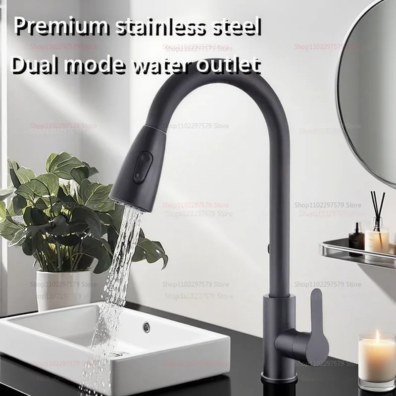 صنبور مطبخ من الفولاذ المقاوم للصدأ بفتحة واحدة صنبور سحب 360 صنبور خلاط حوض دوار مع رأس رش تدفق لسهولة التنظيف #2