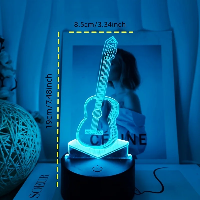 1pc Guitar 3D Night Light, 3D Optical Illusion Lamp With Touch, 7-Color Changing Ambient Light For Bedroom